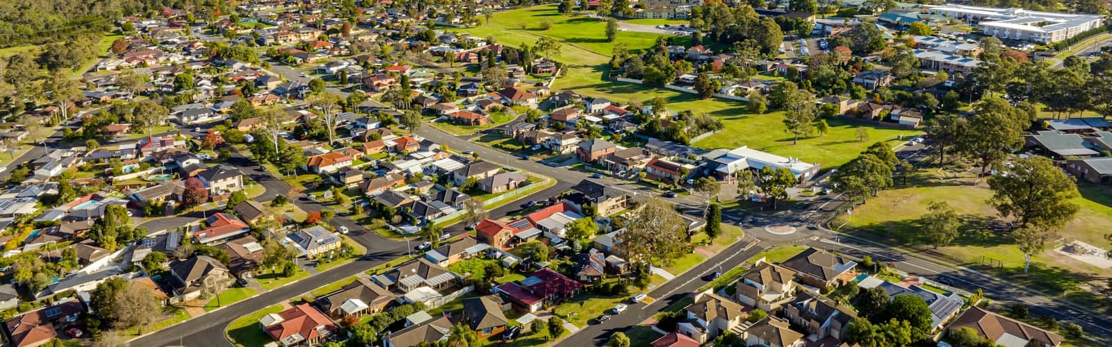 Aerial view of an established suburb of houses and trees