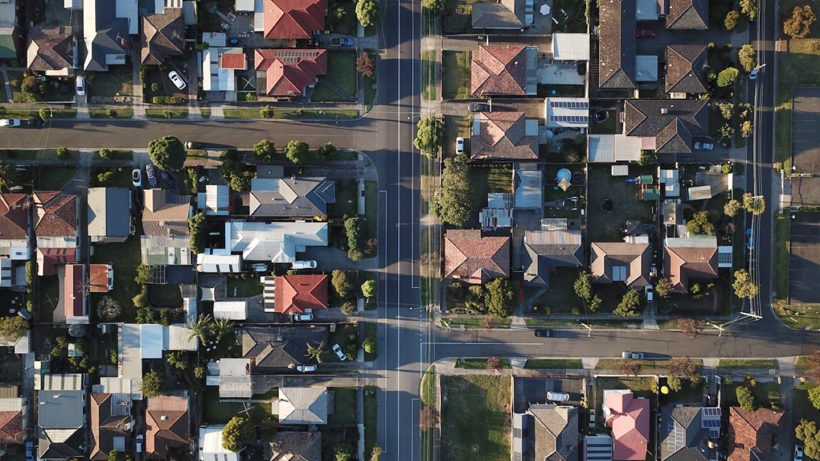 Overhead view of houses and back gardens