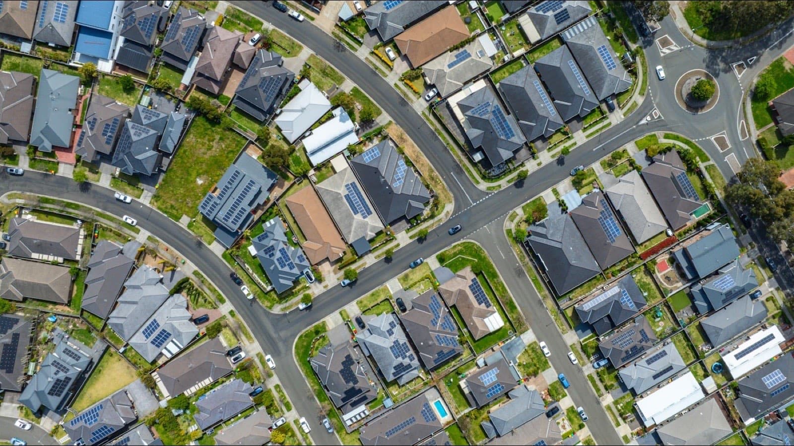 Aerial view of a suburban neighbourhood of houses and streets