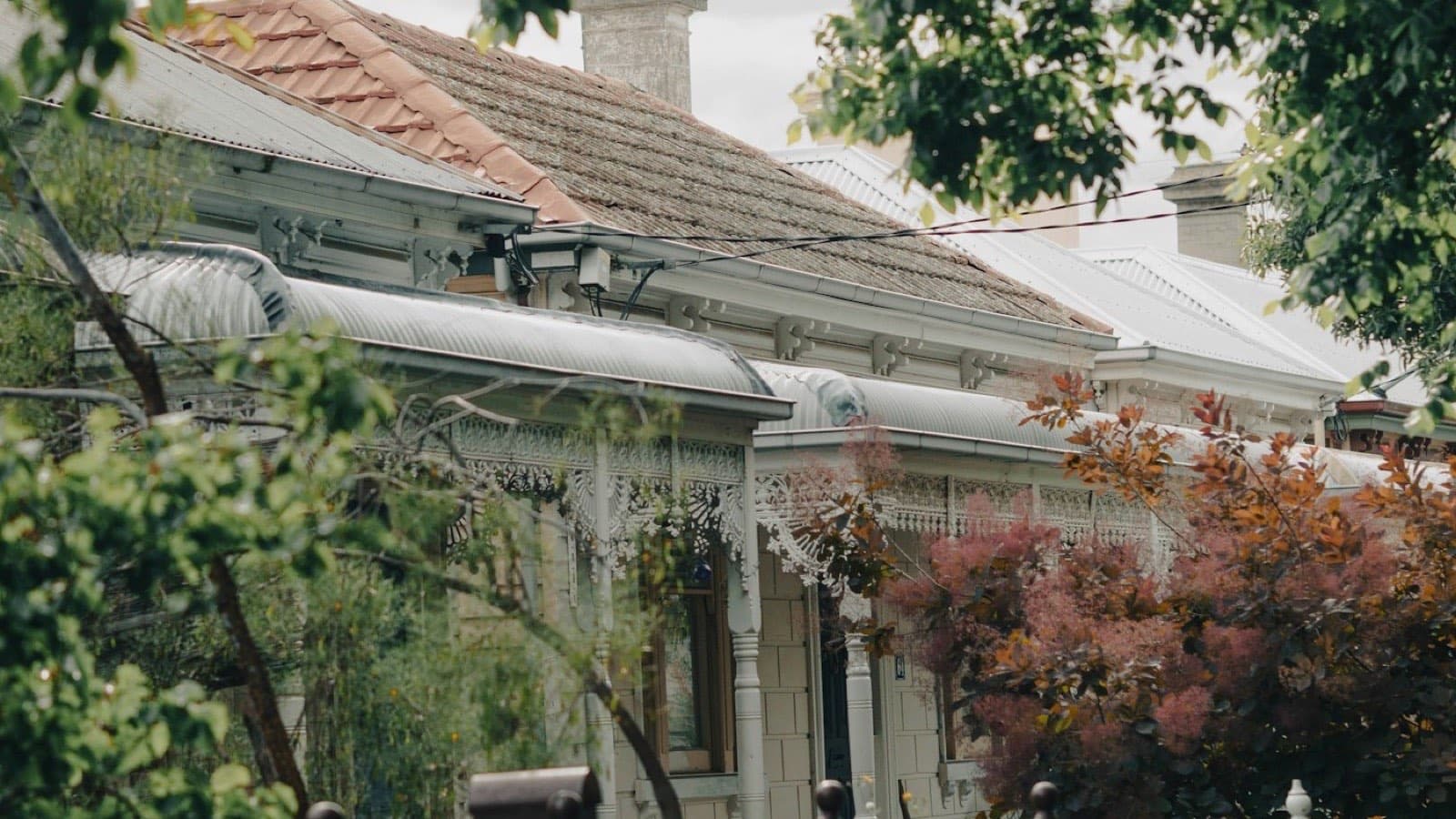 A house with a verandah behind a clipped hedge