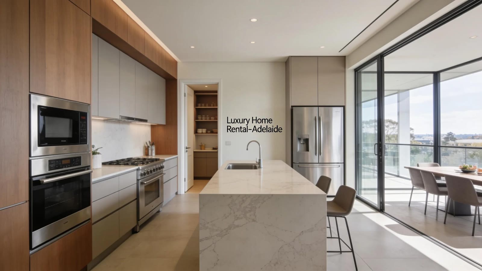 Contemporary kitchen in an Adelaide luxury rental equipped with premium appliances and clean lines